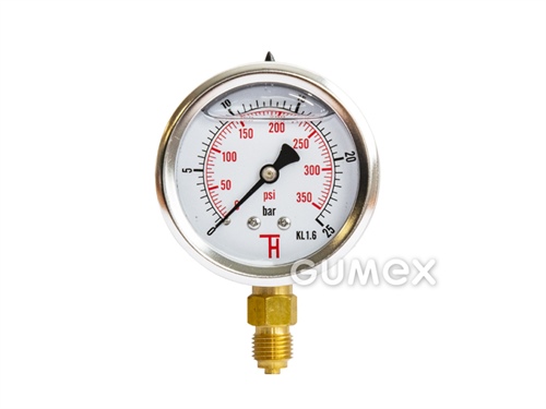 Manometer glycerínový so spodným vývodom, priemer 63mm, vonkajší závit G 1/4", 0-25bar, trieda presnosti 1,6%, priezor akryl, púzdro nerezová oceľ, -40°C/+60°C